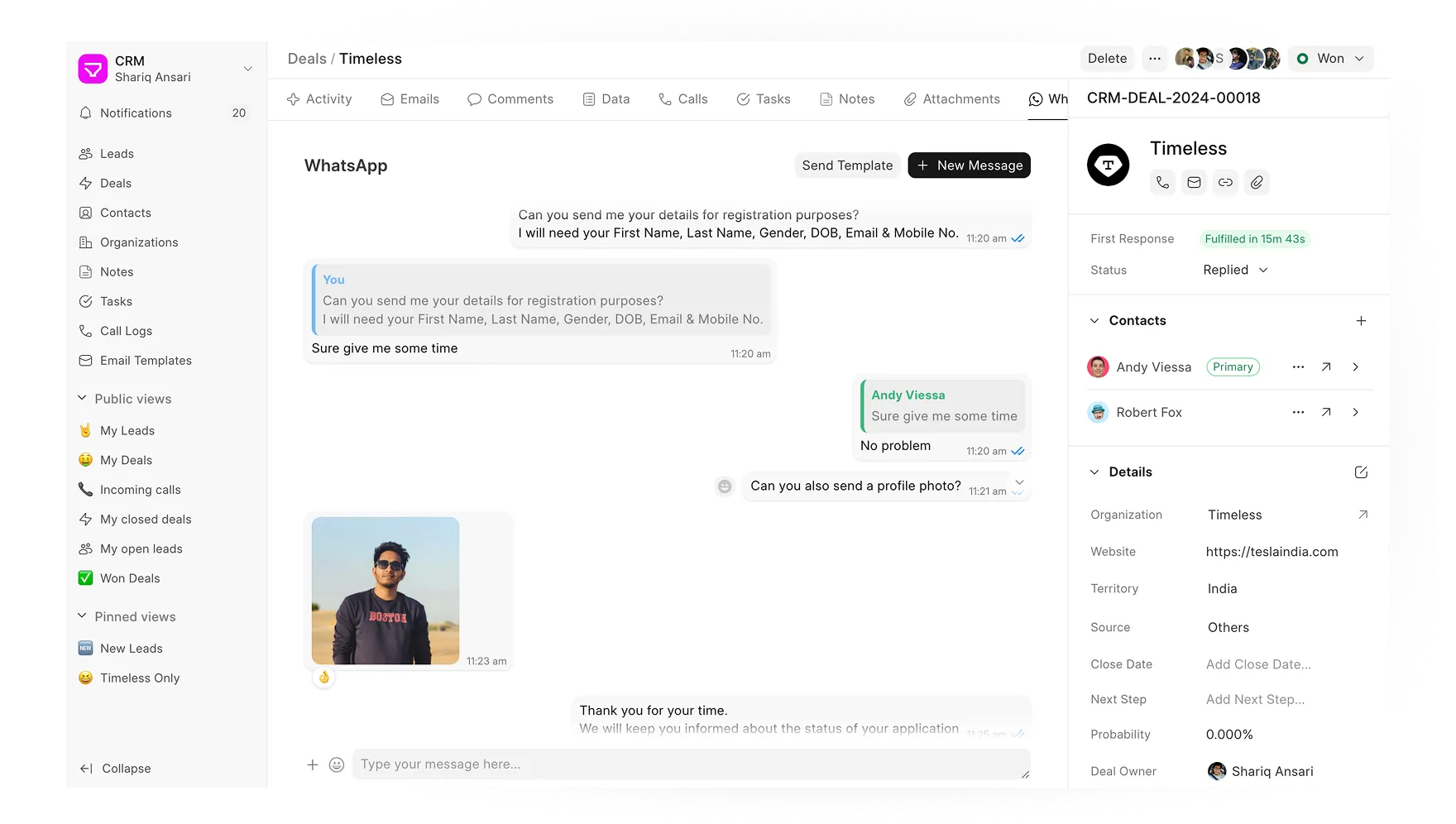 Axina CRM WhatsApp integration screenshot